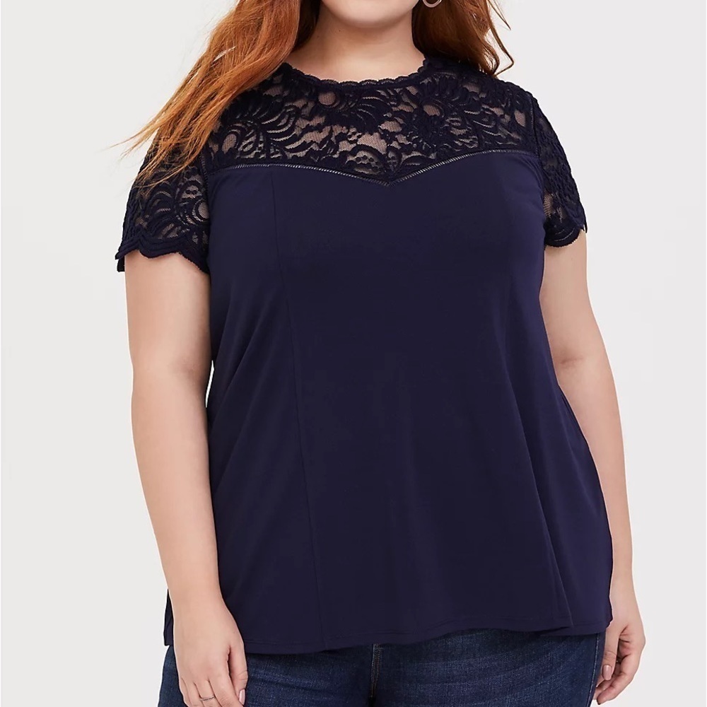Torrid Navy Crepe Lace Sleeve Top